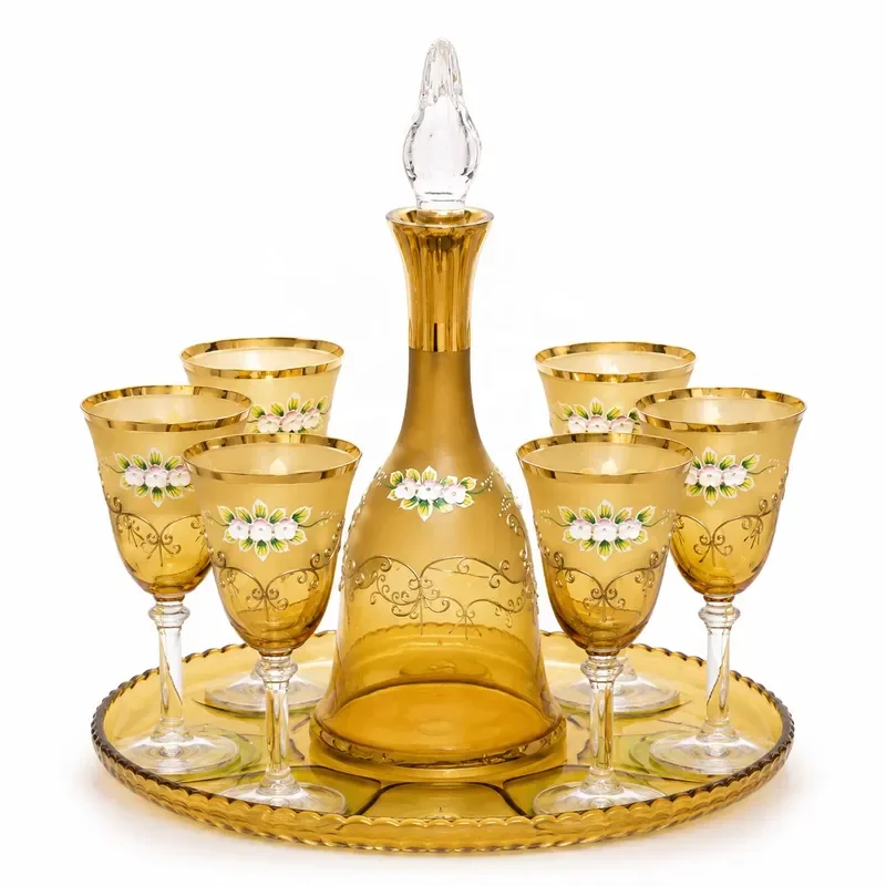 Vintage Enamel Flower Gold Amber Glass Bottle Set for Wine Champagne Dinner Parties Weddings Housewarming Gifts