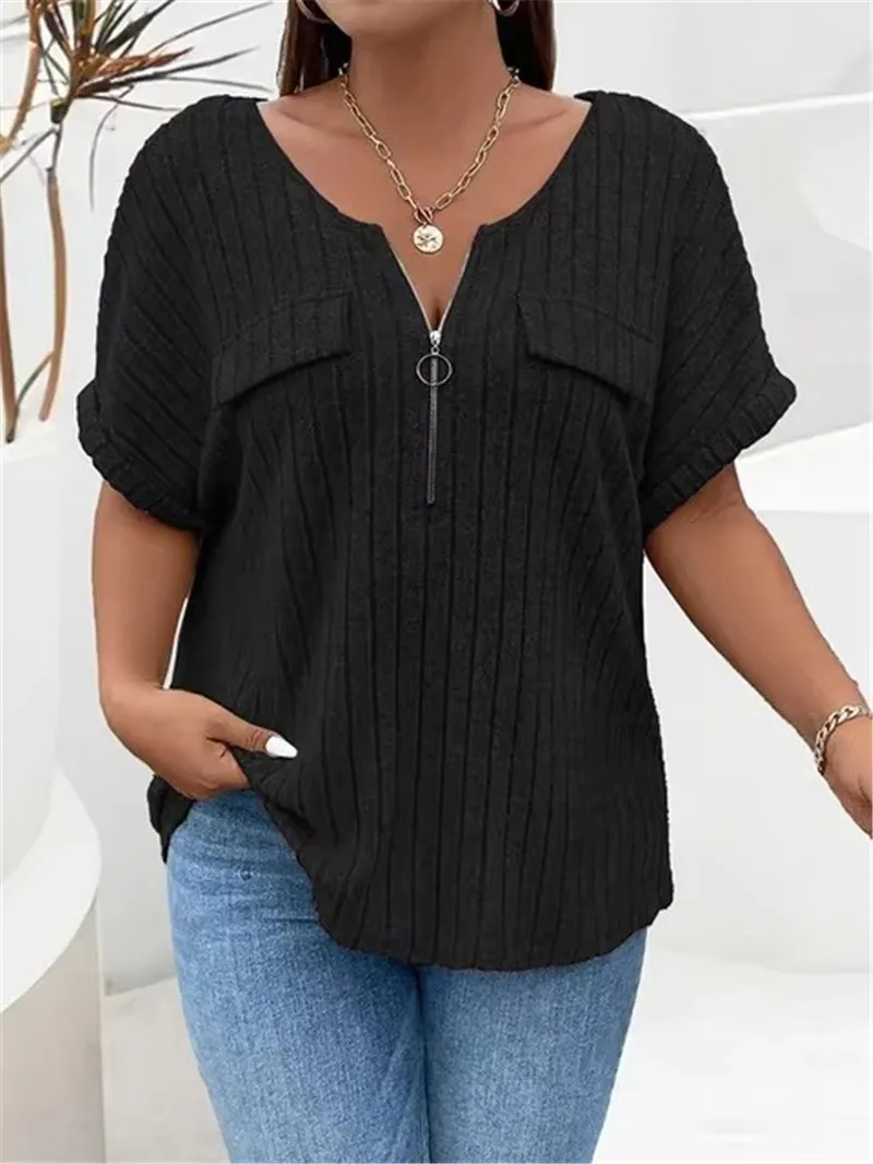 Plus Size Solid Women T shirts Fashion Women Summer New Short Sleeve Rib Knit Casual Tees Tops Female Casual Loose Street Tshirt