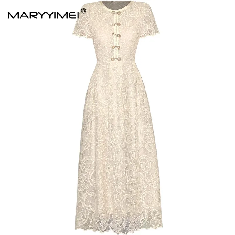 

MARYYIMEI Spring Summer Women's Dress Beading Short Sleeved Mesh Embroidery Commuter High Waiste Dresses