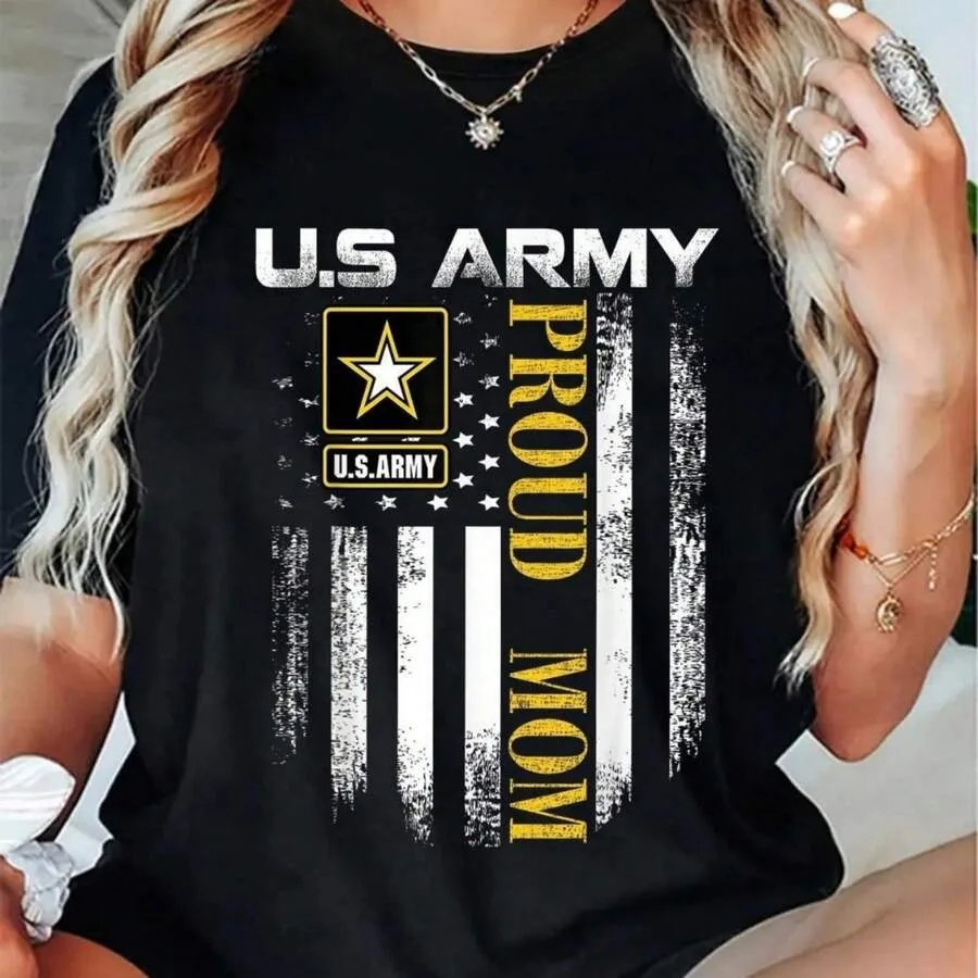 【New Arrival】U.S. Army Proud Mom T-Shirt Vintage American Flag Black Casual Tee