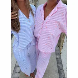 Autumn Winter Women's Pajamas Pink Striped Heart Star Embroidery Long Sleeve Trousers Suit Sleepwear Home Clothes 2pcs Nightwear