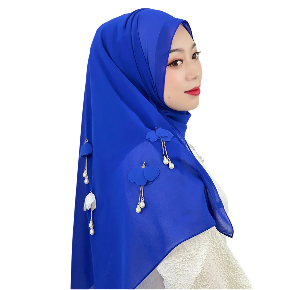 

Chiffon Women Muslim Flower Tassel Beading Long Scarf Turban Islamic Arab Bubble Headscarf Wrap Shawls Foulard Headwear 70*170cm