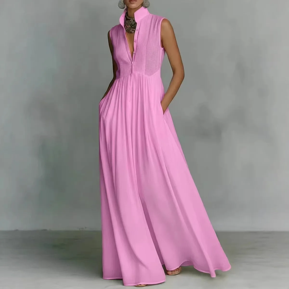 

Bohemian Stand Collar Button Maxi Shirt Dress Woman Elegant High Waist Solid Party Dress Summer Sleeveless Loose Casual Dresses