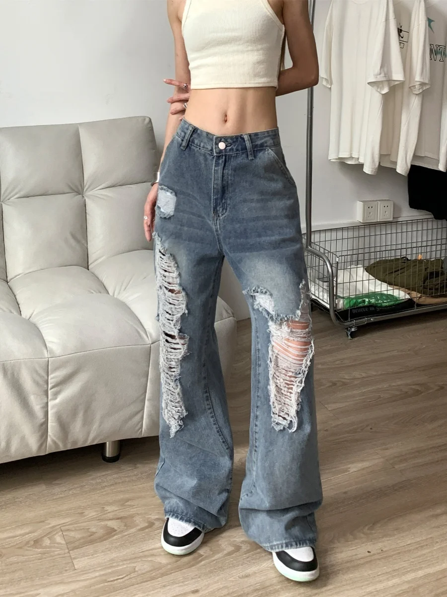 

Slimming High Street Distred Denim Jeans Women's Loose Straight Leg mid Waist Jeans Cool Girl Trendy Design Korean Sle