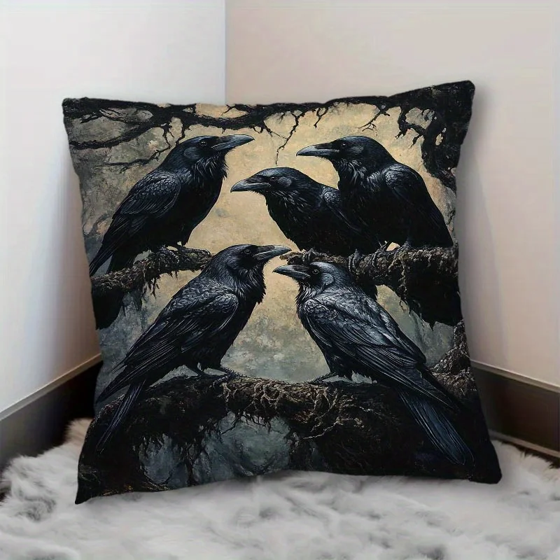 1pc 2D Flat (Pillow Not Included) Gothic Raven Branch Pillow Cover Dark Fantasy Decor Soft Plush Cushion Case