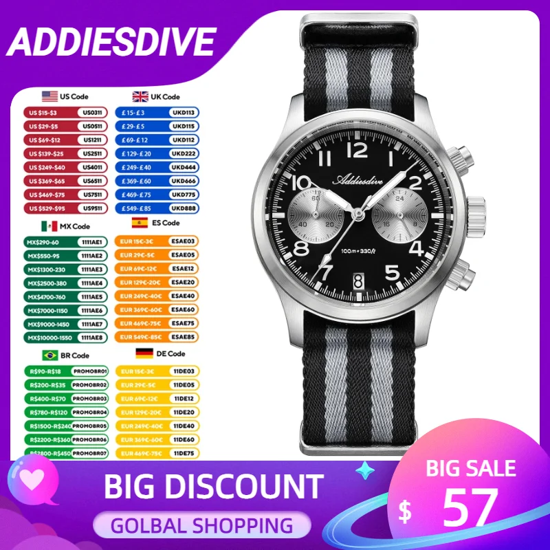 

ADDIESDIVE 39mm Watch For Men Panda Chronograph Quartz Watches VK64 Movement Waterproof Reloj Hombre Sapphire Glass Wristwatches