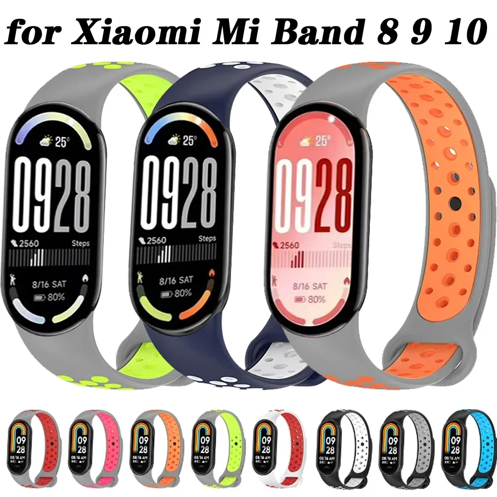 Sport-Silikonarmband für Xiaomi Mi Band 8 9 10, Smartwatch, atmungsaktives Armband, Armband für Mi Band 10 9 8 Correa-Zubehör
