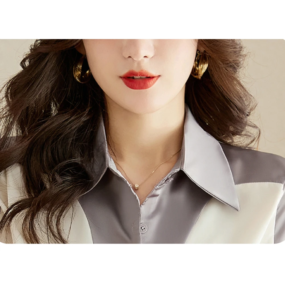 New Fashion Elegant Office Lady Satin Shirts Stylish Color Patchwork All-match Shirt Women Blouses Long Sleeve Tops Female Mujer