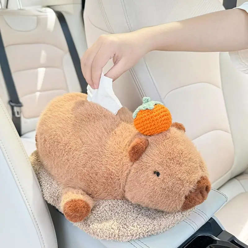 Creative 2 In 1 Car Tissue Box Doll Cartoon Garbage Can Capybara Short Plush Car Tissue Holder Car Tissue Box Car Accessories