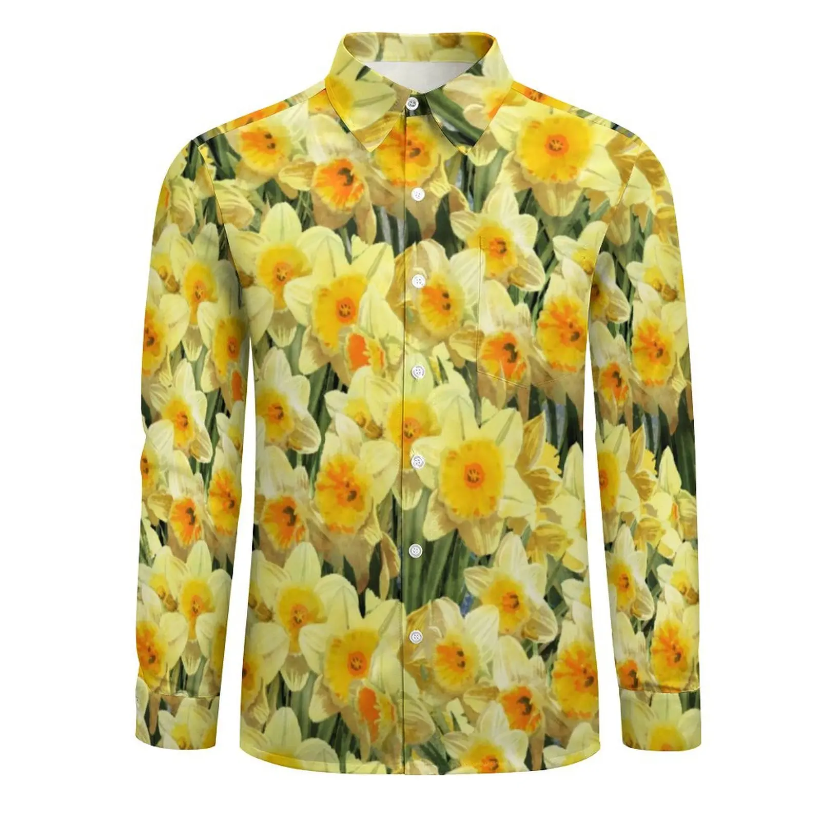 Yellow Flower Casual Shirts Daffodil Floral Print Vintage Shirt Autumn Stylish Oversized Blouses Men Long Sleeve Graphic Clothes