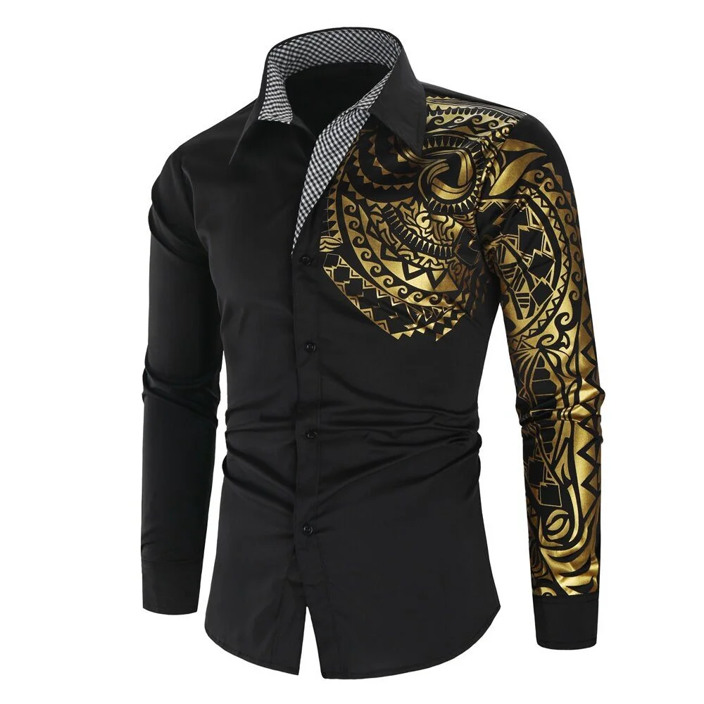 

2024 spring and autumn men's long-sleeved shirts gold printed lapel long-sleeved tops casual temperament men's clothing