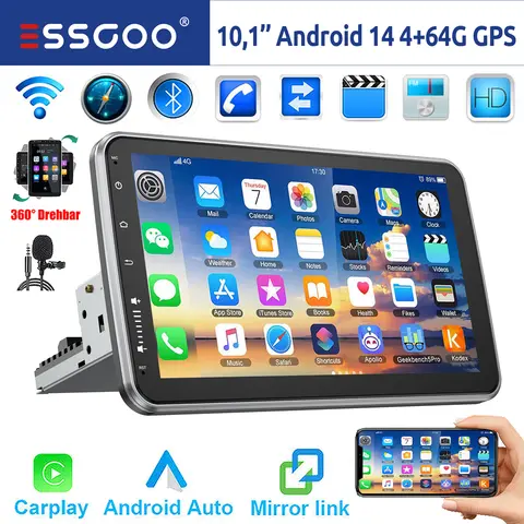 ESSGOO 10" Android 14 4+64G Wireless Carplay Car Stereo Rotatable Touchscreen 1 DIN GPS Nav Bluetooth FM RDS WIFI USB EQ SWC MIC