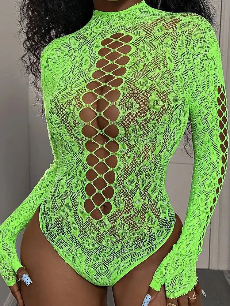 New Sexy Pure Desire Jacquard With Drill Tight Bikini Long Sleeve Mesh Bodysuits Hollow Out Flower Print Bodysuits Charming 5I39