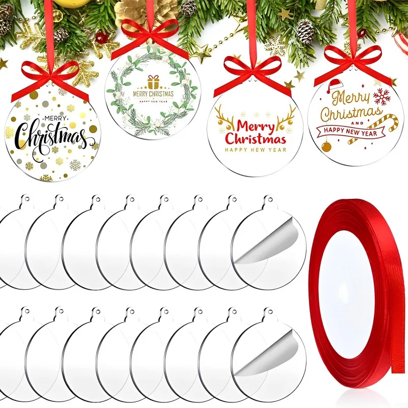 Christmas Round Acrylic Circles Disc Clear Blanks DIY Xmas Tree Hanging Decorations Keychain Charms Bauble Transparent Ornament