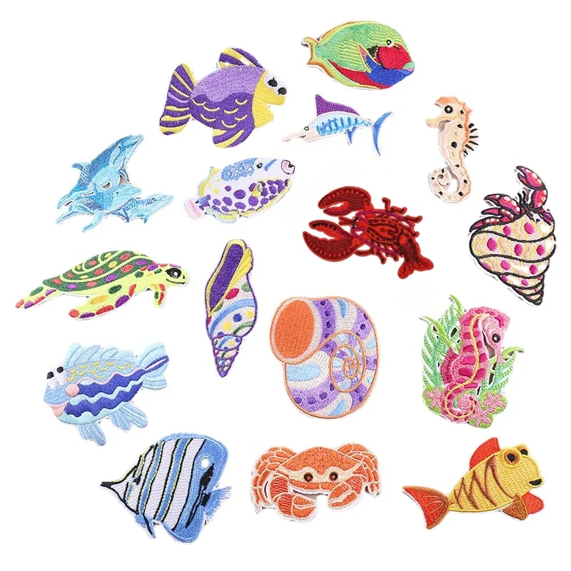 30pcs/Lot Luxury Embroidery Patch Sea Animal Crab Tortoise Whale Conch Shirt Bag Clothing Decoration Accessory Craft Applique