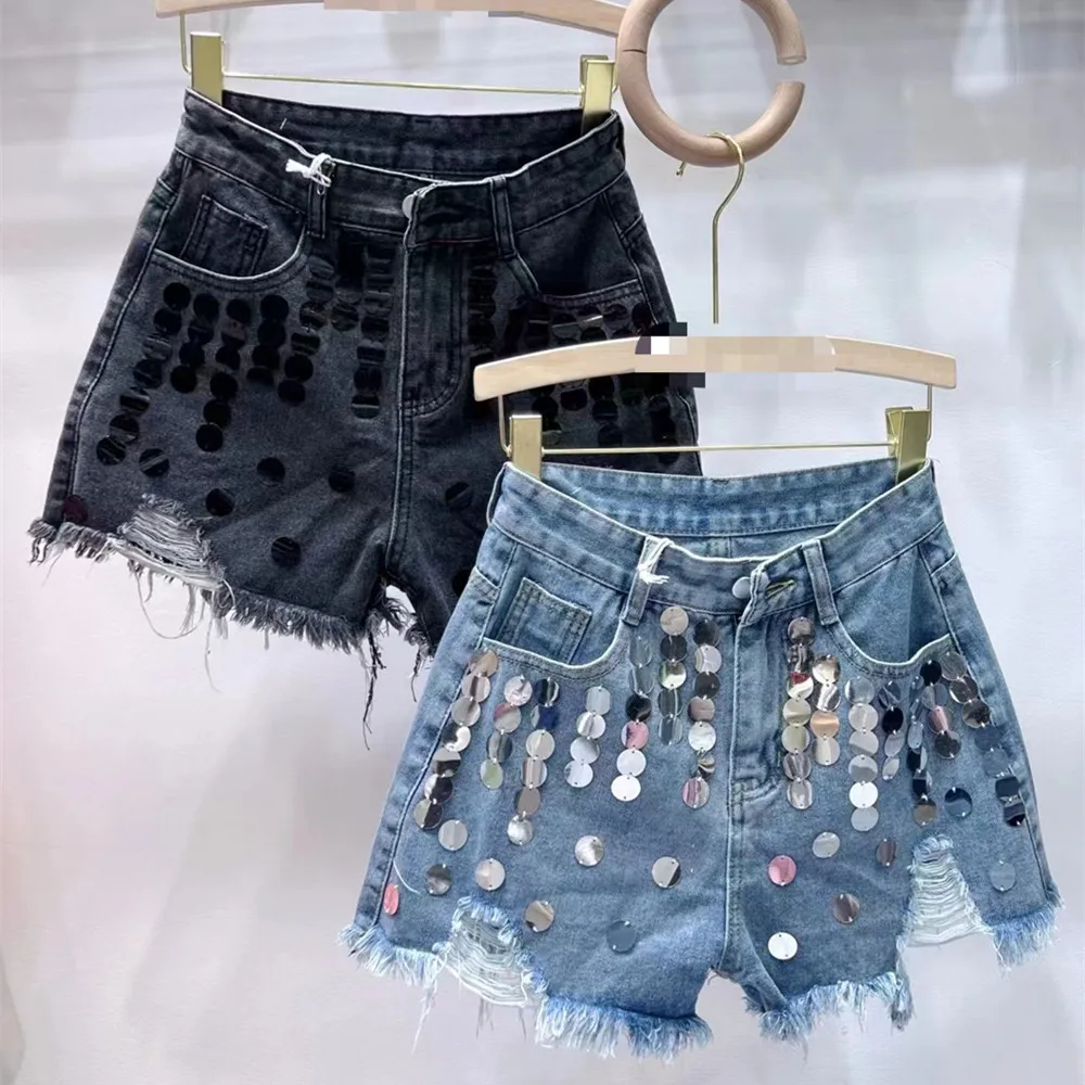 

Sequined shorts Summer Womens Ripped Tassel Pearls Wide Leg Glitters Denim Shorts Sequined Jeans Shorts For Women