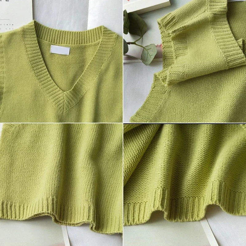 Women V-Neck Knitted Vest 2023 New Autumn Sweater Vests Short Female Casual Sleeveless Twist Knit Pullovers Basic Retro Green