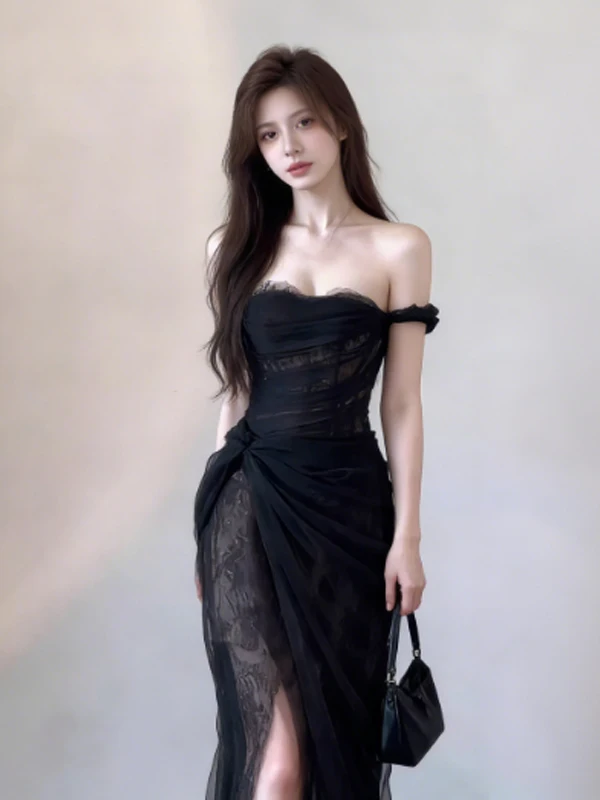 

Elegant Black Lace Dress Formal Occasion Hostess Gown High-end Luxury High-waisted Korean Style Long Skirt One-shoulder Design
