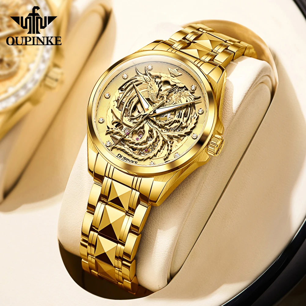 

OUPINKE Top Luxury Women's Watches Golden Phoenix Dial Original Automatic Mechanical Watch for Lady Waterproof Luminous Gift Set