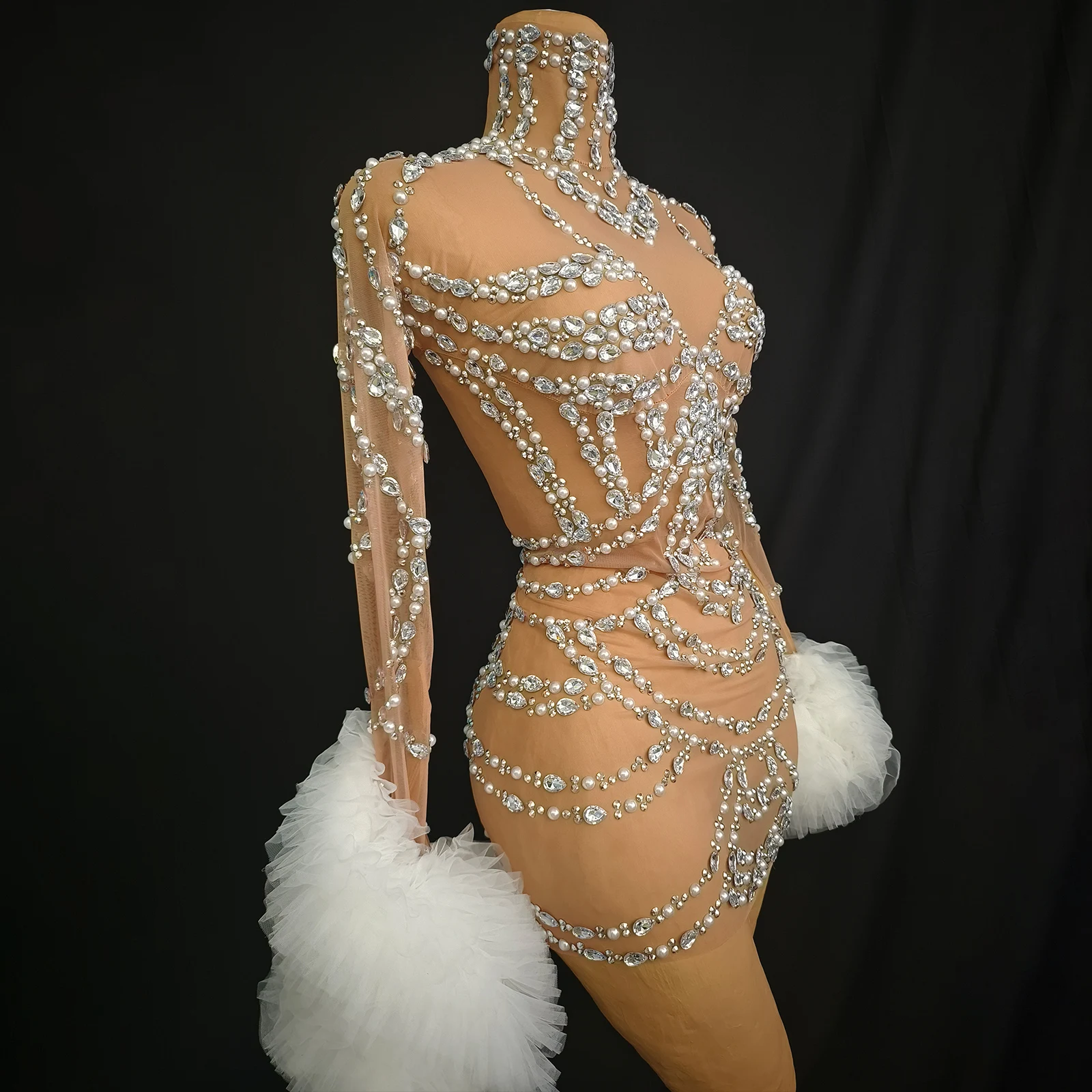 Seksowna i luksusowa sukienka z diamentami i perłami, z prześwitującymi elementami, z długim rękawem, idealna na występy sceniczne, dla piosenkarki, na imprezę, urodziny lub inne wydarzenia.