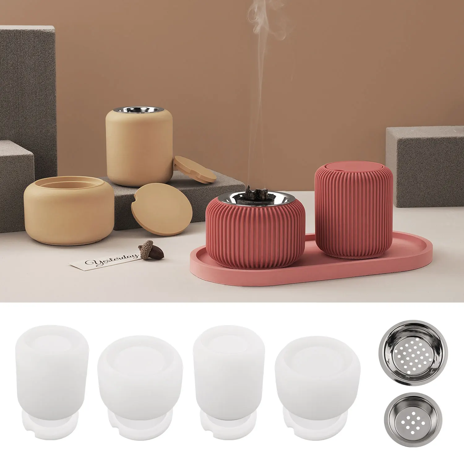 Circular Striped Aromatherapy Furnace Mold Cement Candle Holder Storage Jar Epoxy Resin Incense Burner Silicone Molds