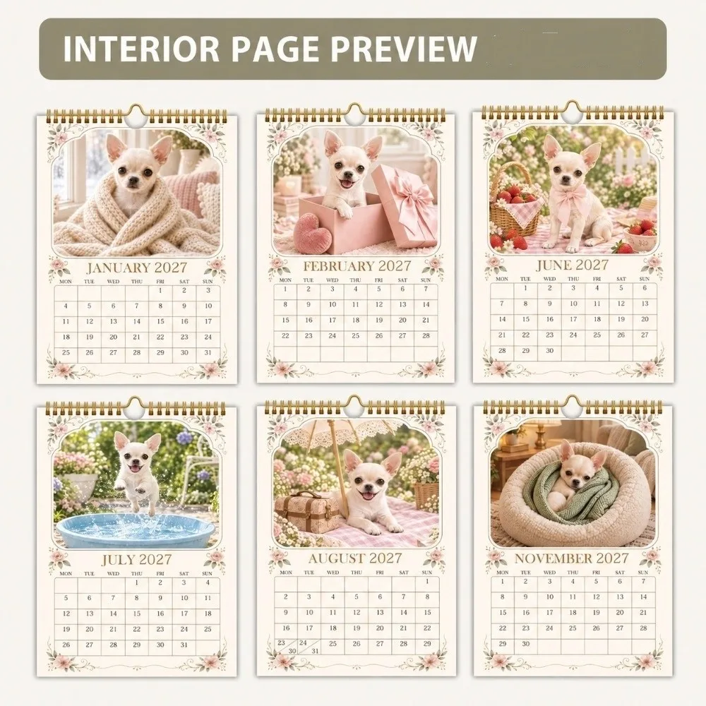 Monthly Scheduling Cartoon 2027 Pet Calendar Coil Bound Thick Paper Wall Hanging Calendar 12-Month Monthly Planner Farmhouse