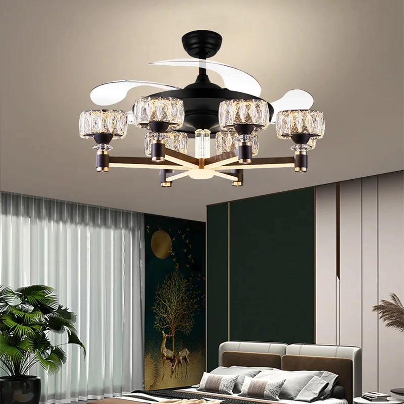 Nordic Invisible Fan Lamp European Entry Lux Living Room Crystal Chandelier Frequency Conversion Bedroom Dining Room