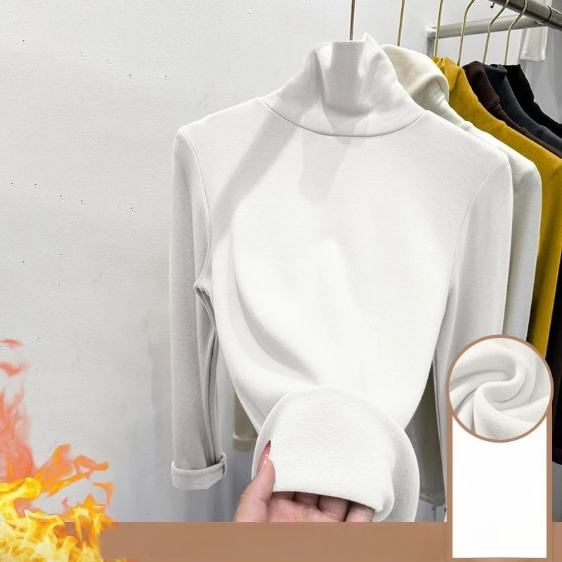 Winter-Damen-Top mit Stehkragen und dicker Samtbasis, langärmeliges T-Shirt für Frühling und Herbst, lässige Slim-Fit-High-Neck-warme Jacke