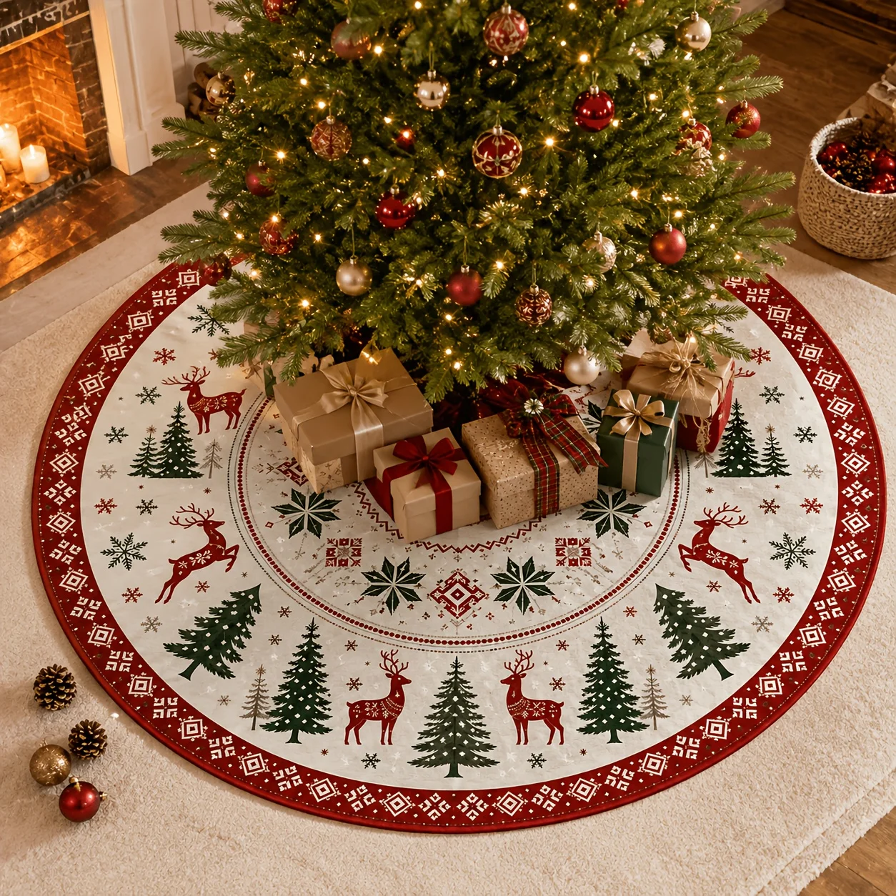 VIKAMA Rentier-Weihnachtsbaum-Teppich, Runde Rutschfeste Bodenmatte, Weihnachtsbaum-Schneeflocken-Ethno-Muster Weihnachtsteppich Heimdekoration