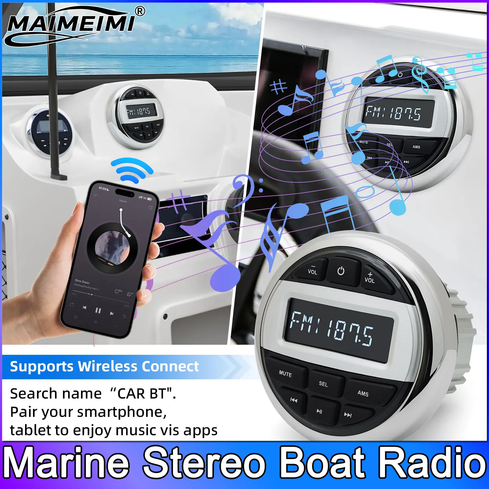 QC Marine Stereo Boat Radio Stereo Player IPX5 Waterproof FM AM Digital Media Player For Yacht Gauge ATV UTV Cart Motorcycle