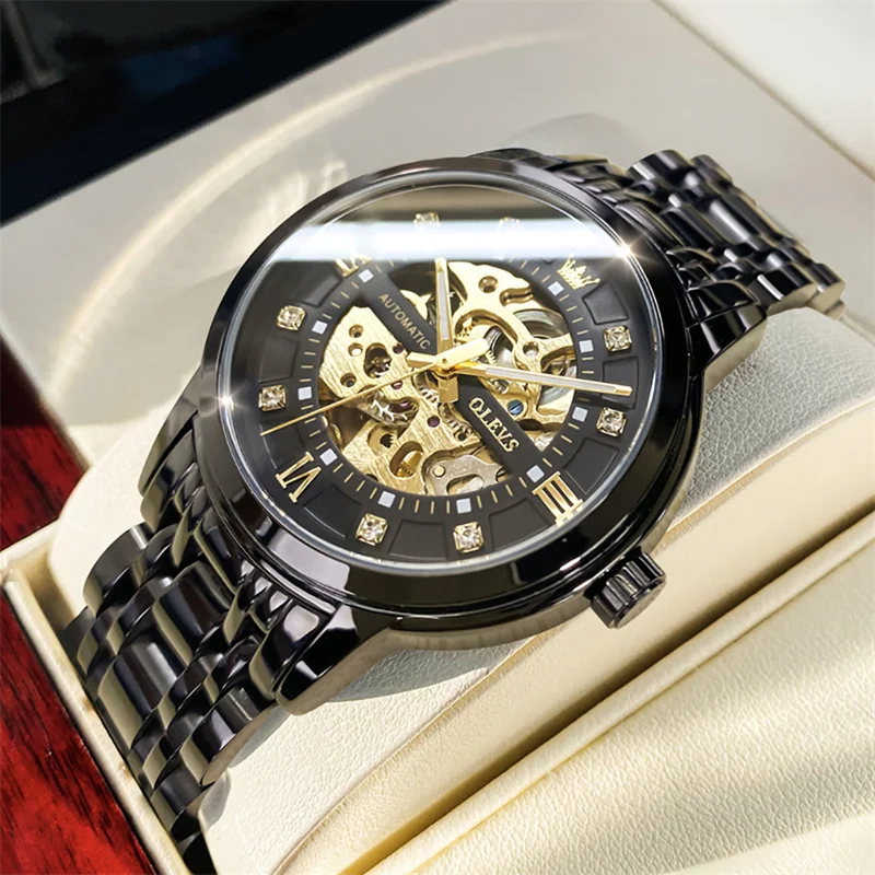 OLEVS Skeleton Uhr Männer Wasserdicht Leucht Casual Automatische Mechanische Watche Sport Männer Schwarz Stahl Armbanduhr Reloj Hombre