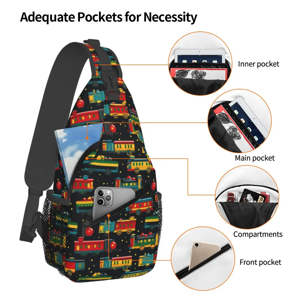 Cartoon Train Models Display Design Chest Bag Men Sling Crossbody Backpack Chest Bag Traveling Hiking Daypack Shoulder Bag