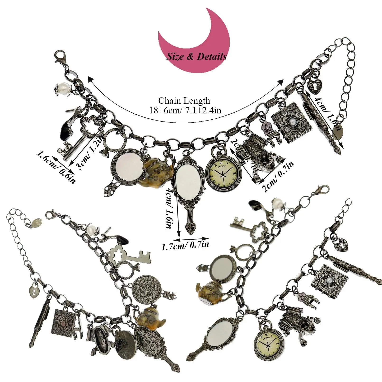 Vintage Spiegel Frosch Uhr Stuhl Wasserkocher Stift Schlüssel Herz Anhänger Charms Armband für Frauen Retro Magischer Märchen-Armreif Schmuck – Detail 1