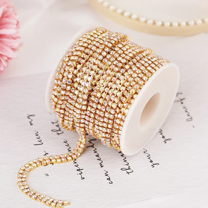 Sew-on Crystal Rhinestone Chain 2rows Sliver Rhinestone Cup Chain Glass Crystal AB Stone Chain Trim For Dress Decoration