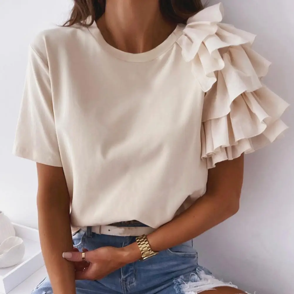 Pure Color T-Shirts Women Short Sleeve Tops Casual Flounce Edge O Neck Tshirts Women Summer Tees femme tshirts футболка женская