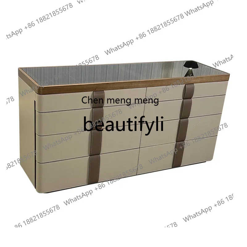 

G Living room French bedroom side cabinet designer Italian solid wood saddle leather chest cabinet