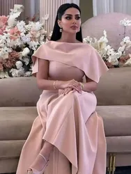 Pink Satin Evening Dresses Floor-Length Simple A-Line Short Sleeves Party Gown with Backless Dubai For Women robes de