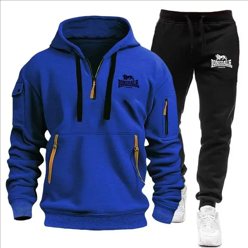 Conjunto de 2 piezas de ropa deportiva informal, holgada y cálida para hombre, ideal para otoño e invierno: sudadera con capucha y pantalones de chándal para correr, hacer ejercicio y actividades al aire libre.