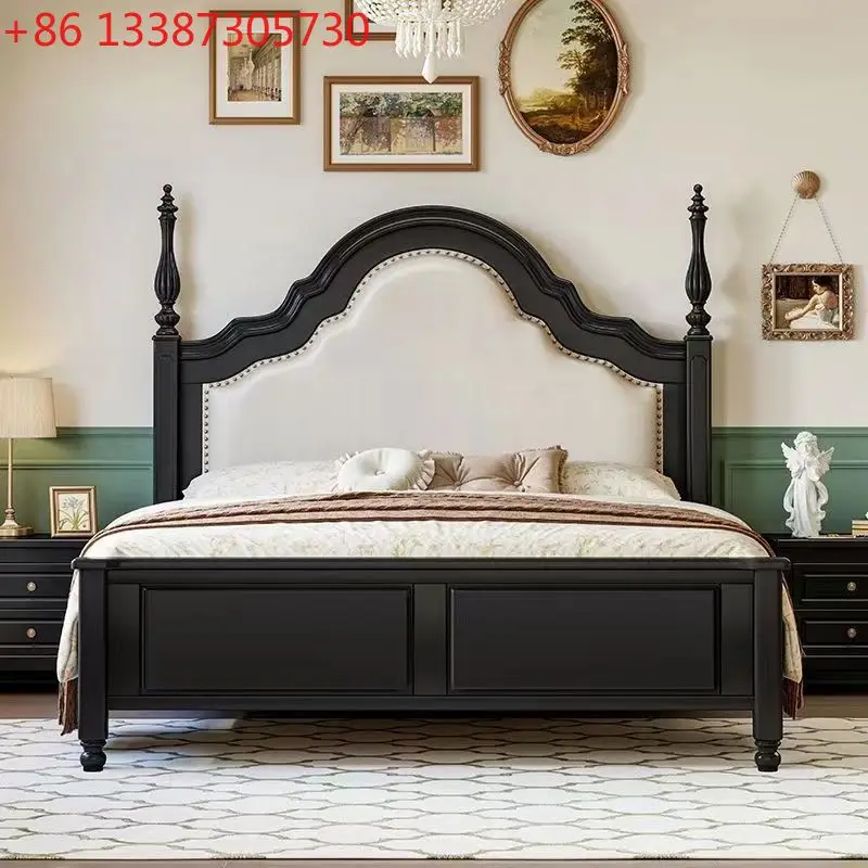 

Французская светлая роскошная ретро ностальгическая американская деревянная кровать из черного дерева, элитная двуспальная мягкая кожаная кровать для главной спальни