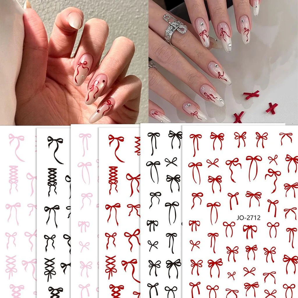 3D 블랙 레드 핑크 네일 스티커 Bowknot 네일 데칼 리본 나비 매듭 자기 접착제 네일 슬라이더 DIY 매니큐어 장식