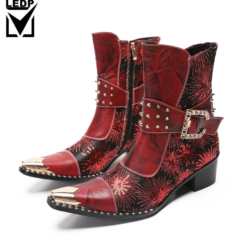 أحذية الخريف الرجالية سبايك الأحذية المعدنية والقبعات عالية الكعب حزام مشبك برشام الأحمر الفاخر زيادة نموذج #1