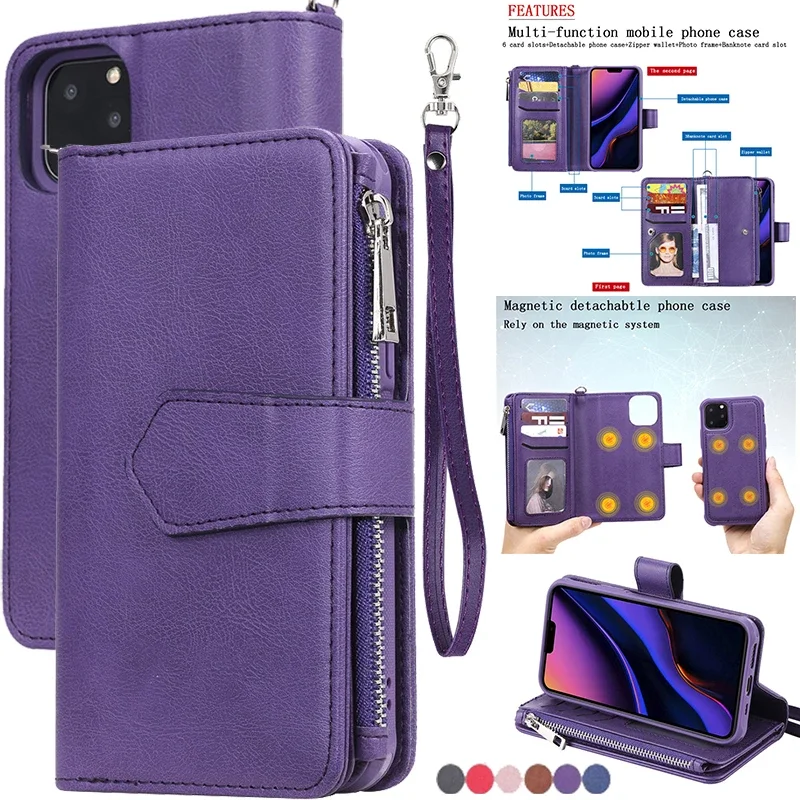 Magnet Detachable Wallet Case For iPhone 15 14 Pro Max 13 12 11 SE 2022 X XR XS 8 7 6 6s Plus Leather Card Slots Handbag Cover