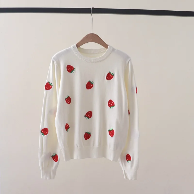 Autumn and Winter New Younger Fashion Strawberry Embroidered Crew Neck Long-Sleeved Sweater Women's Skin-Friendly Soft Glutinous