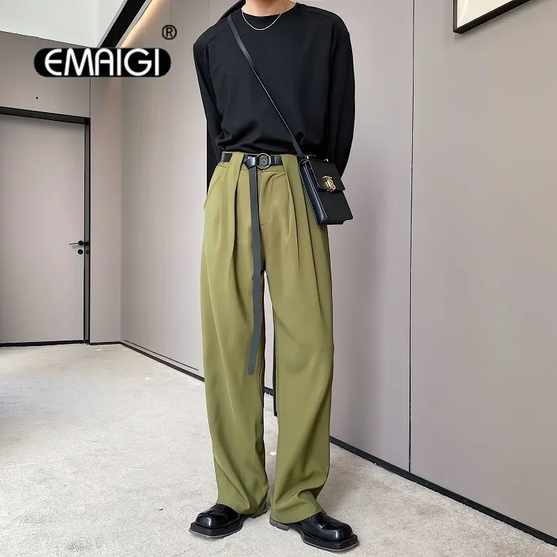 New Belt Design Straight Casual Pant Men Fashion Show vintage Long Wide Leg Suit Pants Man Korean Streetwear Trousers