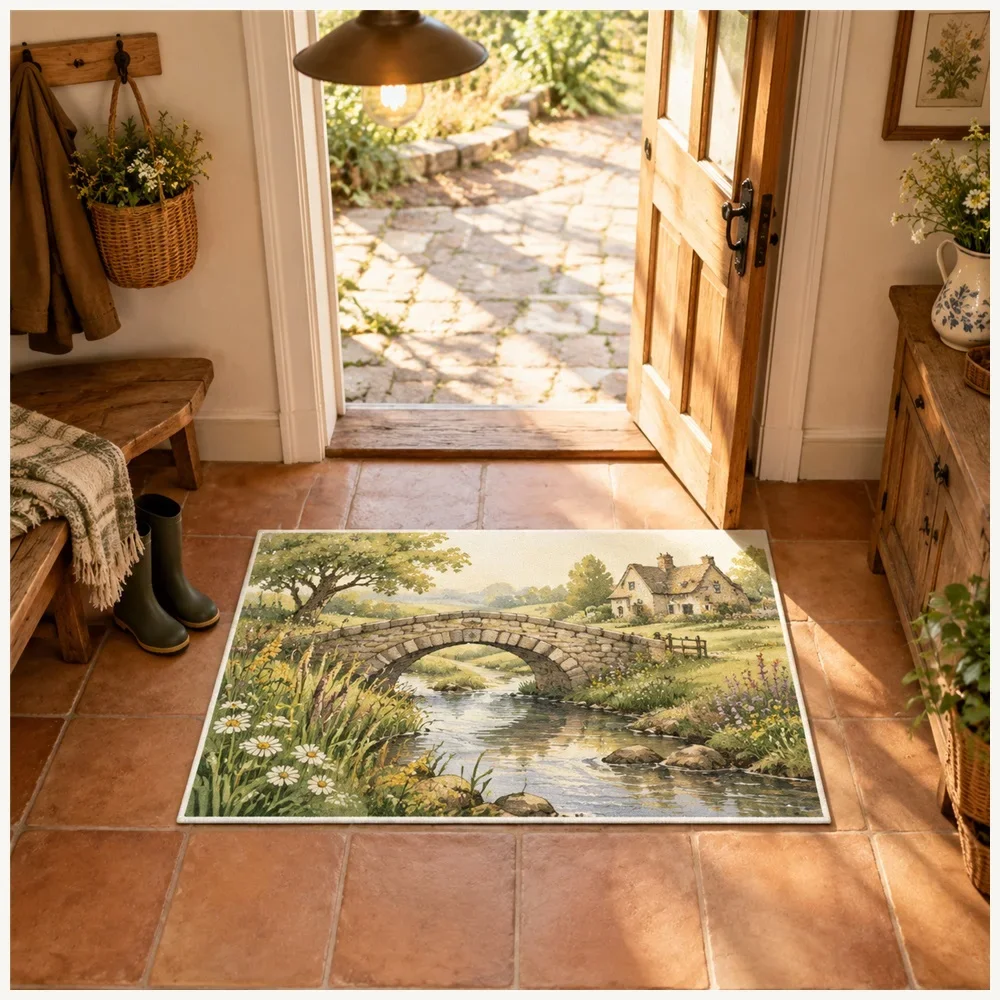 VIKAMA Stone Bridge Creek Door Mat, Quick Dry Non Slip Flannel Rug, Rustic Garden Floor Mat for Garden Room, Snug, Landing