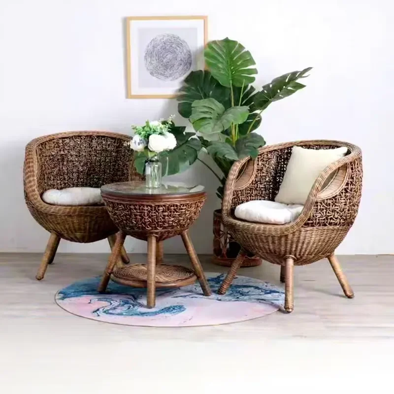 Outdoor Rattan 3-Piece Chair Set with Backrest & Small Table, Single Seats, for Homestay, Hotel, Balcony & Garden