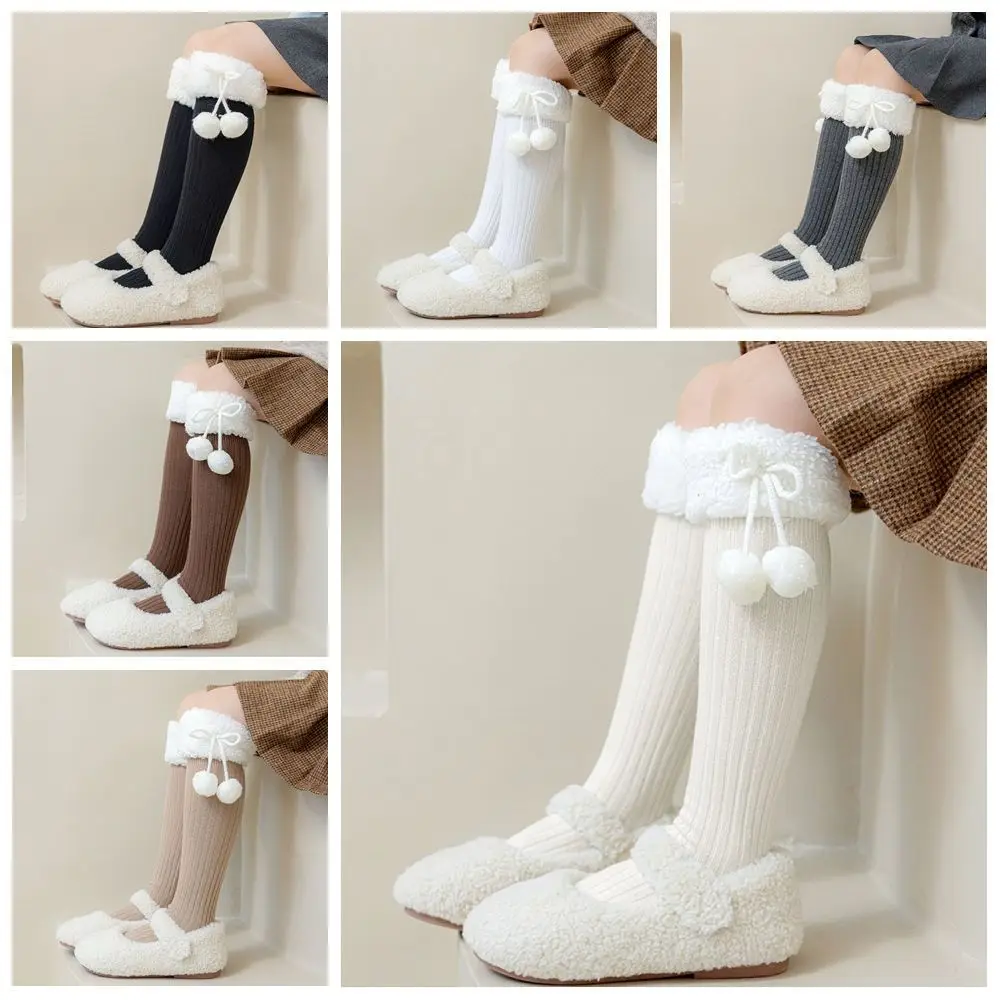 Chaussettes longues en laine d'agneau pour femmes, bonneterie en peluche de style coréen, accessoires de gril en coton, chaussettes à nœud, automne et hiver