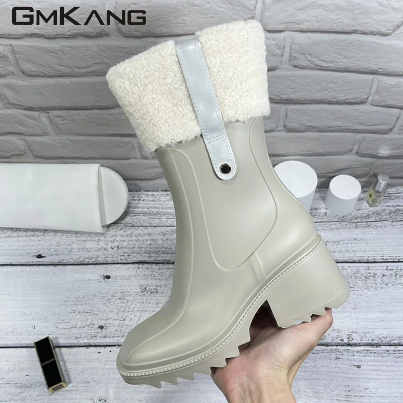 Square Heels Rainboots Women Rubber Waterproof Runway Shoes Female Fashion Chunky High Heels Short Boots Rain Shoes Woman