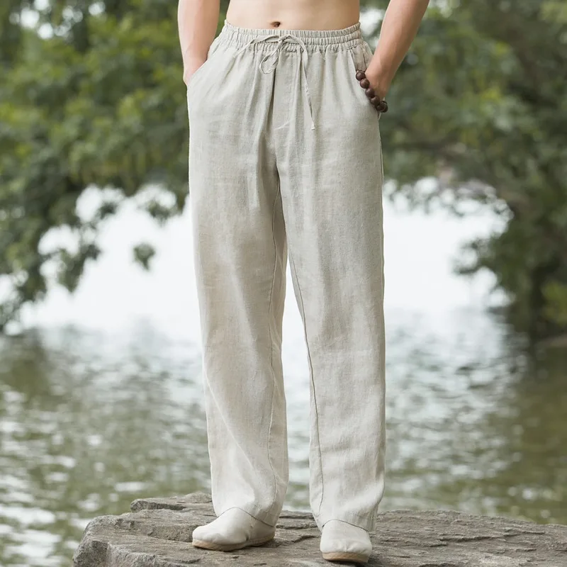 Men Wide Leg Cotton Linen Pants Summer Male Elastic Waist Pocket Loose Solid Full Trousers ZJFS-3278