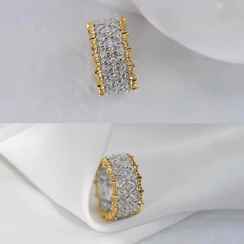 Huitan Aesthetic Tow Tone Rings for Women Fashion Geometric Hollowed-out Metal Female Accessories Simple Stylish Charms Jewelry